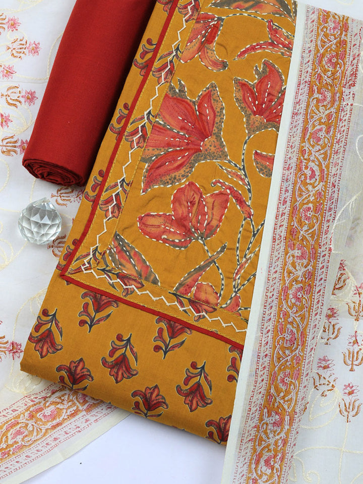 Printed Cotton Blend Unstitched Suit With Pant &amp; Dupatta