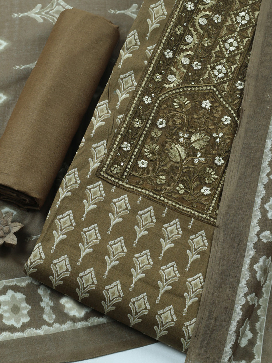 Printed Cotton Blend Unstitched Suit With Pant &amp; Dupatta