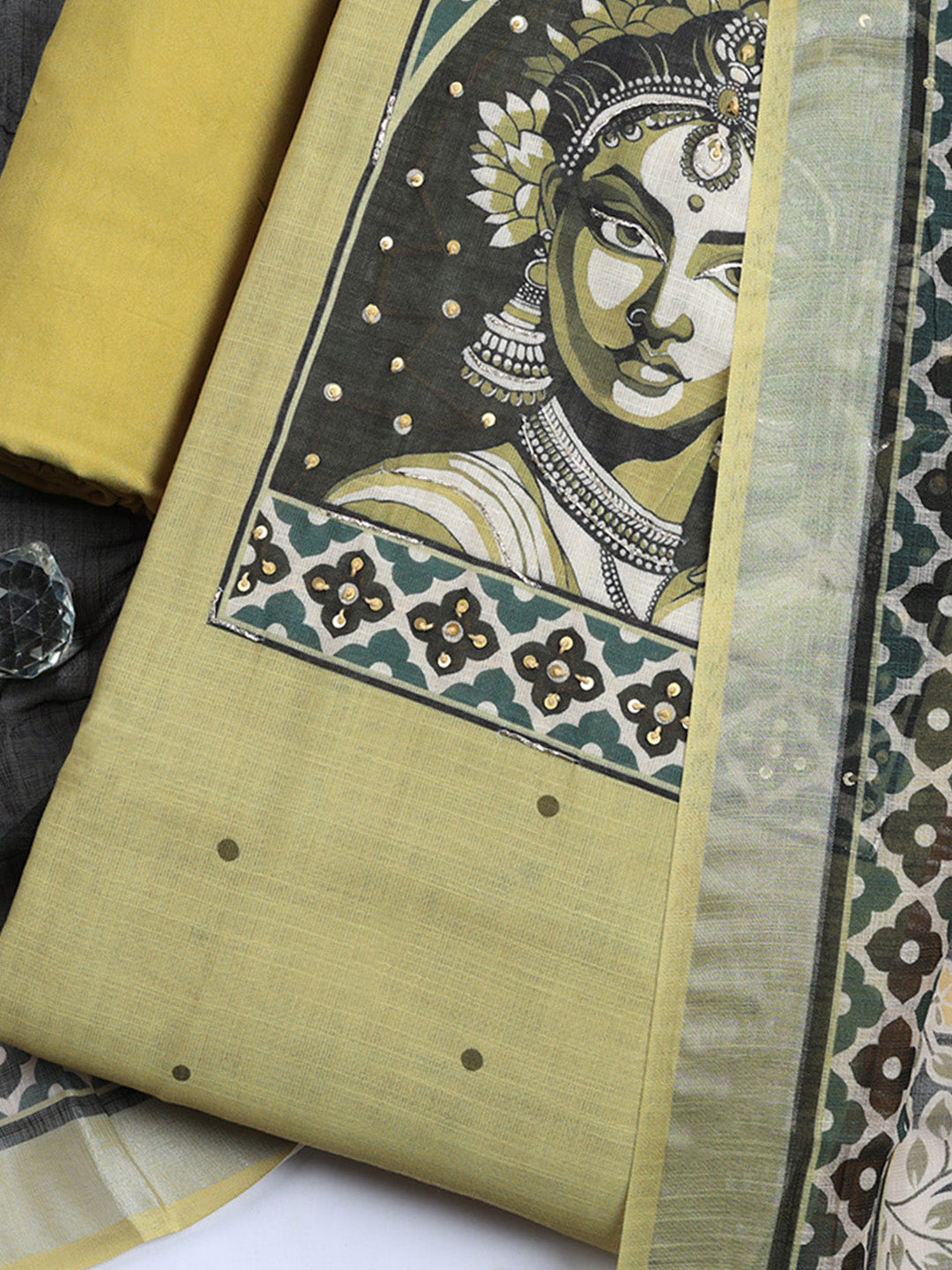 Printed Linen Blend Unstitched Suit With Pant &amp; Dupatta