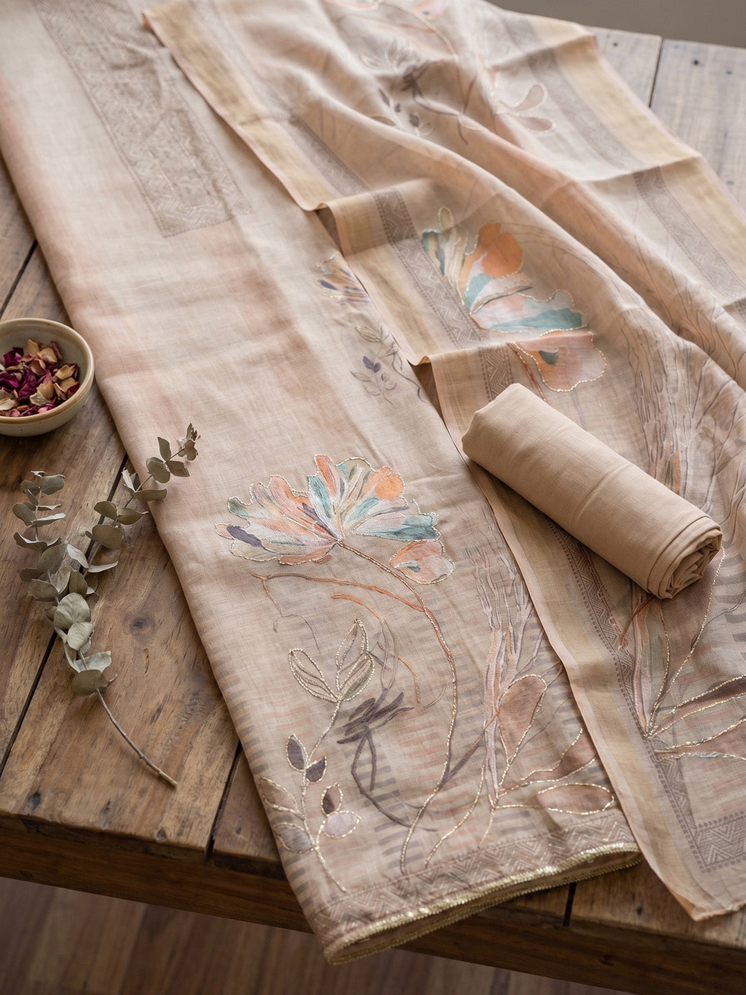 Printed Linen Blend Unstitched Suit With Pant &amp; Dupatta