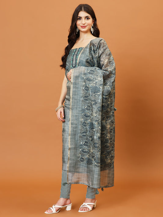 Kantha Work Chanderi Unstitched Suit With Dupatta