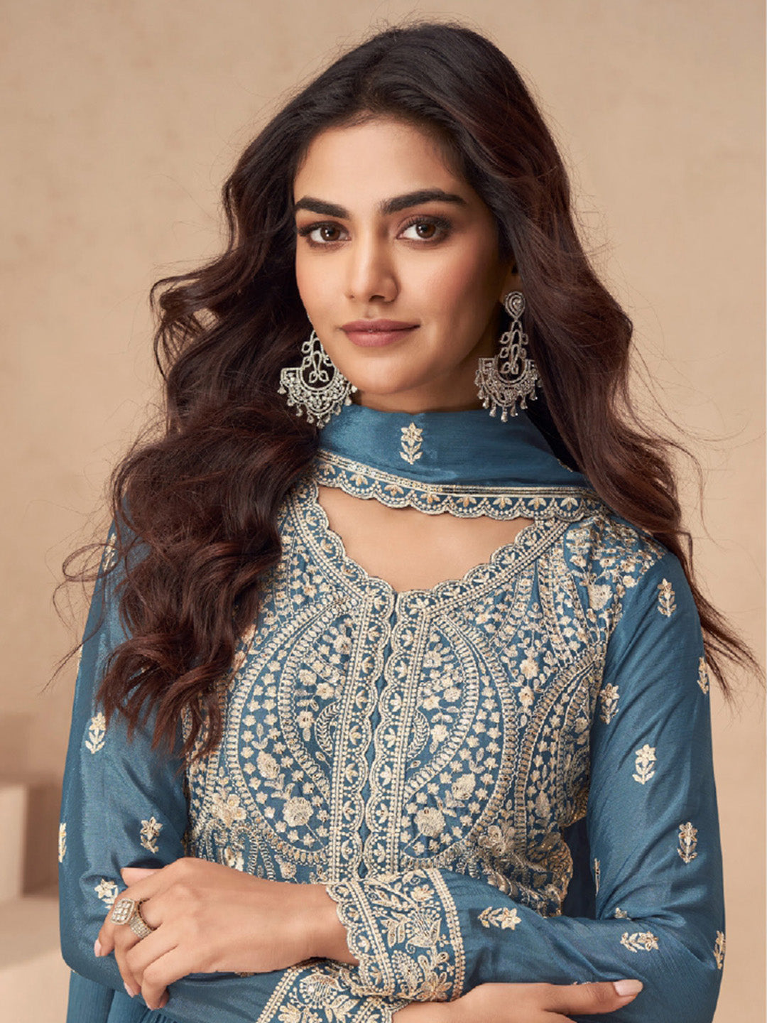 Embroidered Chinon Silk Gown With Plazzo &amp; Dupatta