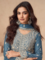 Embroidered Chinon Silk Gown With Plazzo & Dupatta