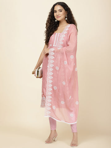 Embroidered Booti Chanderi Unstitched Suit With Dupatta