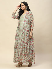 Floral Printed Cotton Gown Dress With Jacket