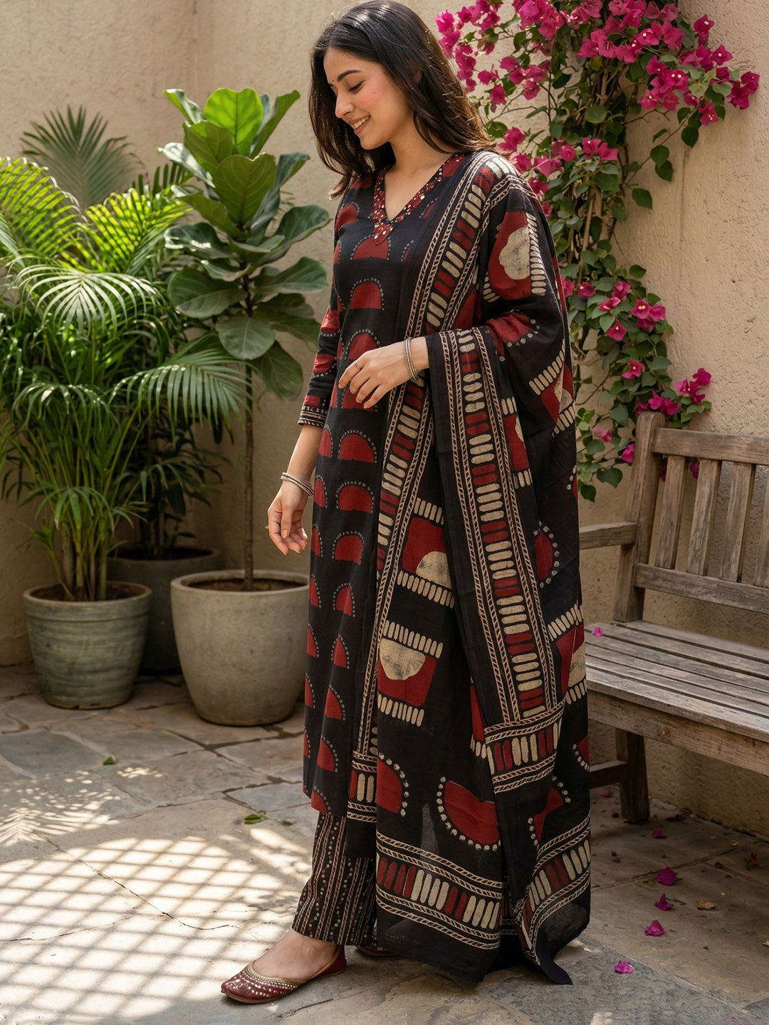 Black Embroidered Cotton Blend Straight Suit Set With Dupatta