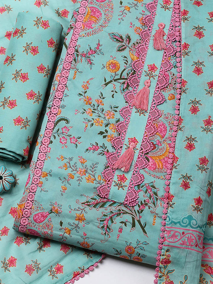 Embroidered Cotton Blend Unstitched Suit With Pant &amp; Dupatta