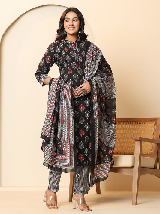 Printed Cotton Blend Kurta With Pants & Dupatta