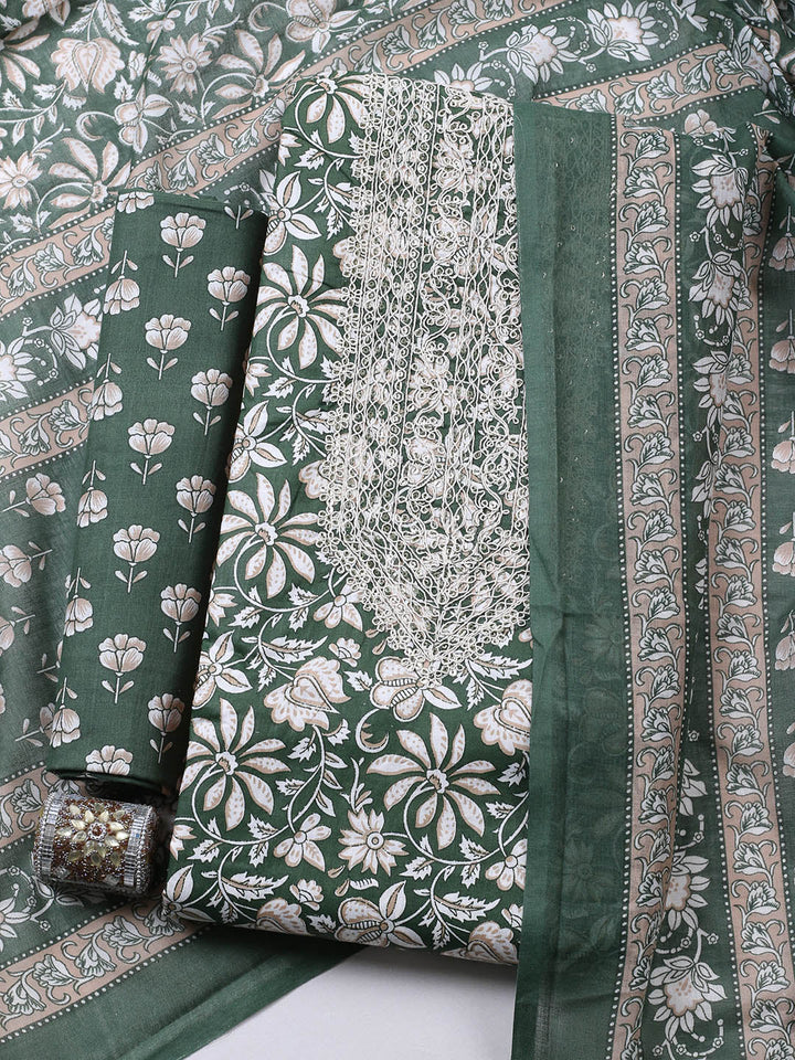 Printed Cotton Blend Unstitched Suit With Pant &amp; Dupatta
