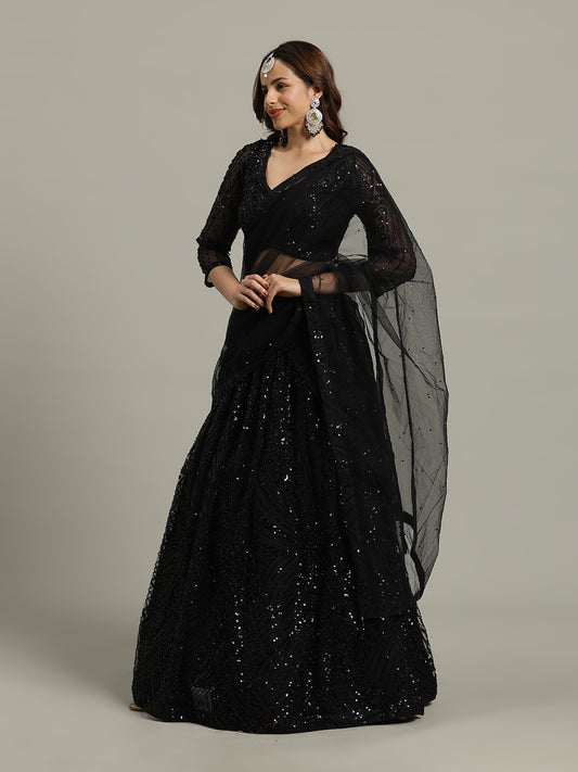 Sequin Embroidery Net Choli With Lehenga & Dupatta