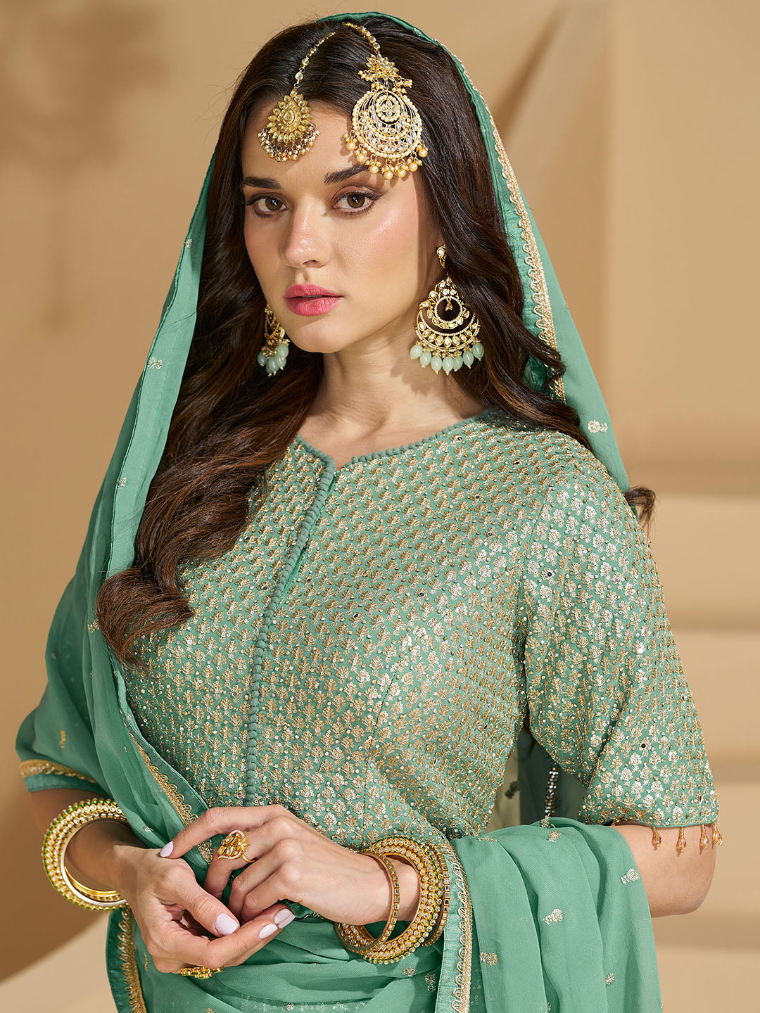 Embroidered Georgette Kurti With Skirt &amp; Dupatta
