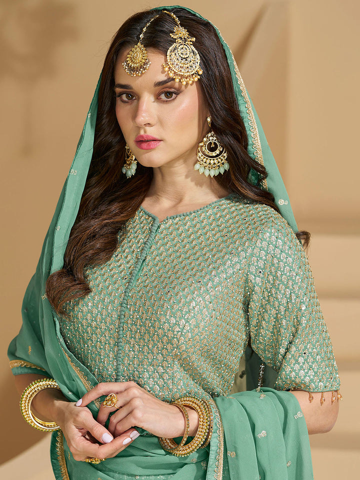 Embroidered Georgette Kurti With Skirt &amp; Dupatta