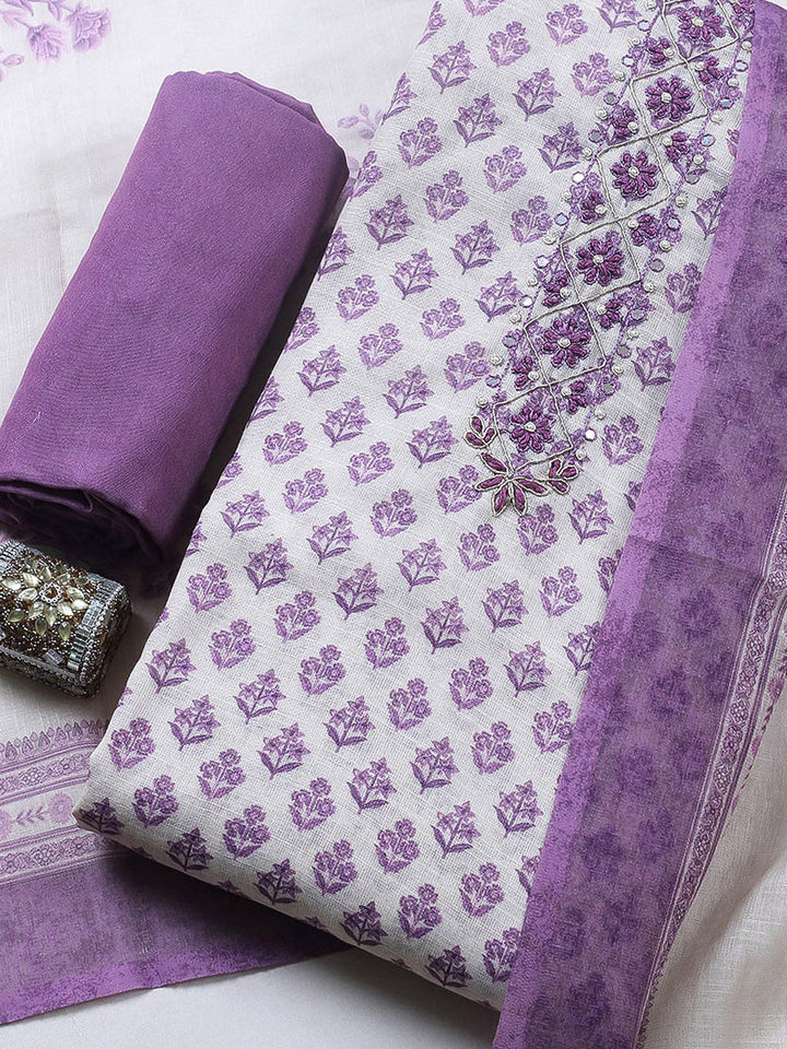 Embroidered Cotton Blend Unstitched Suit With Pant &amp; Dupatta