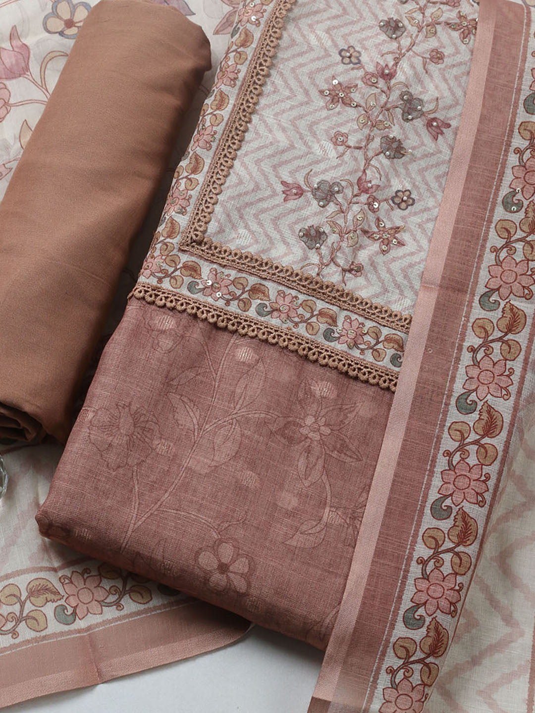Printed Cotton Blend Unstitched Suit With Pant &amp; Dupatta