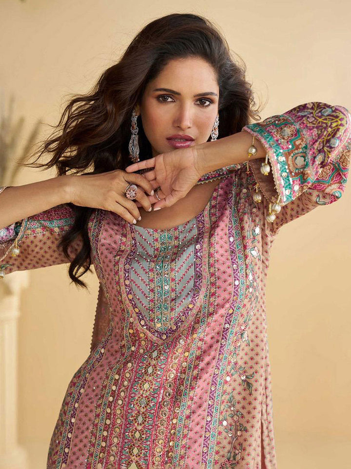 Embroidered Crepe Kurta With Plazzo &amp; Dupatta