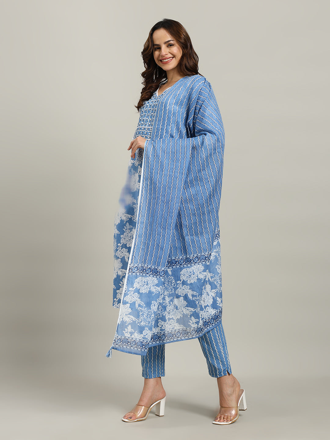 Floral Printed Cotton Blend Kurta With Pants & Dupatta