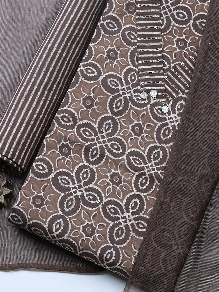 Embroidered Cotton Blend Unstitched Suit With Pant &amp; Dupatta