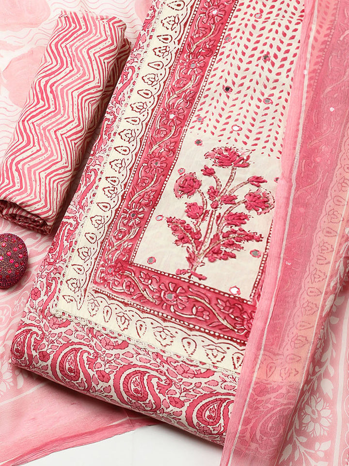 Printed Cotton Blend Unstitched Suit With Pant &amp; Dupatta