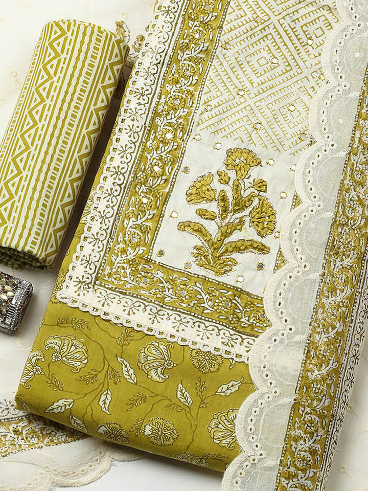 Printed Cotton Blend Unstitched Suit With Pant &amp; Dupatta