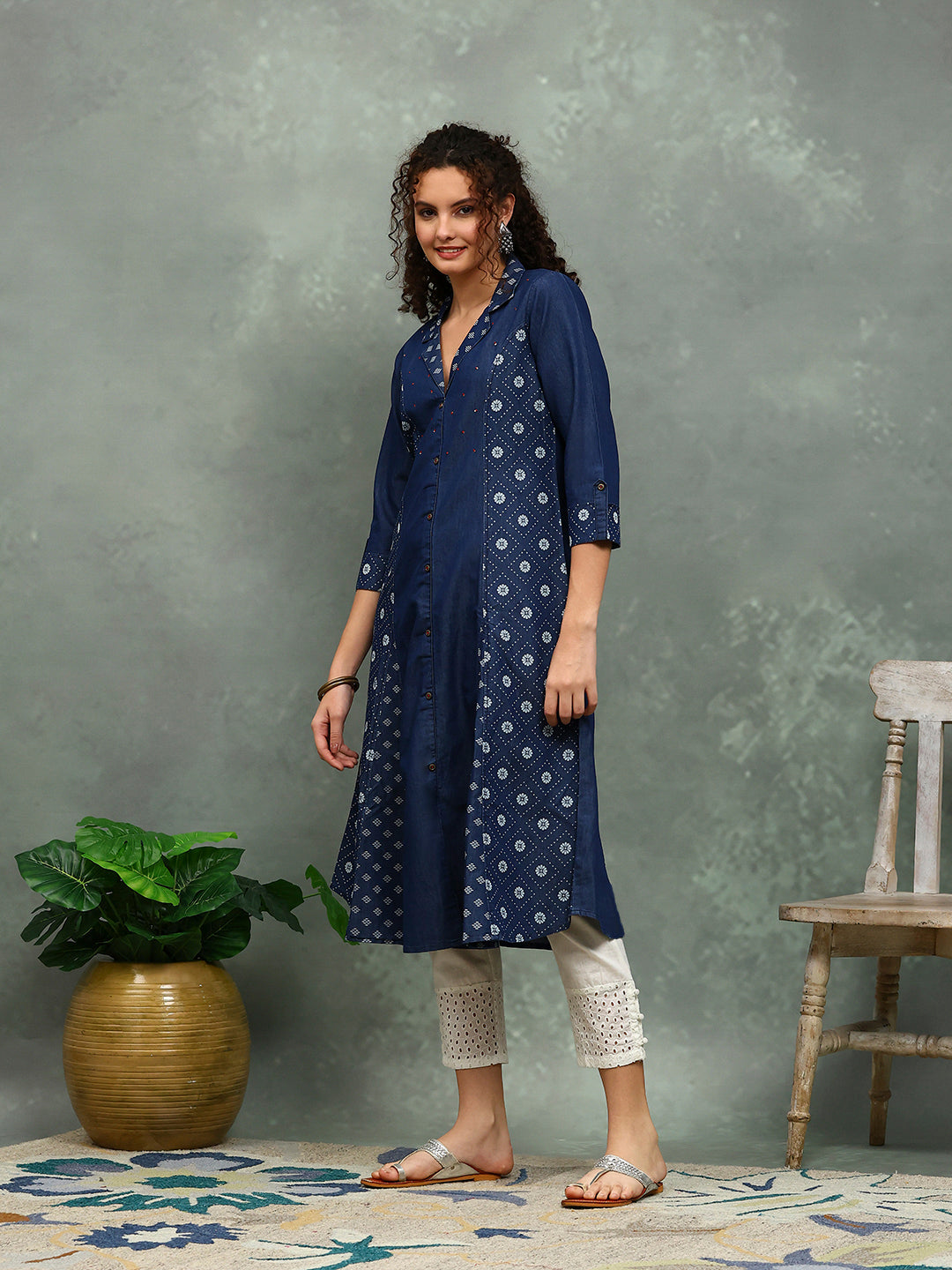 Printed Denim Kurta