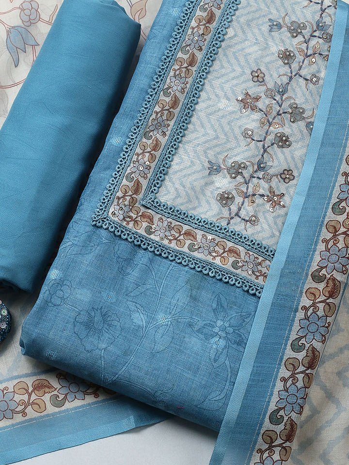Printed Cotton Blend Unstitched Suit With Pant &amp; Dupatta