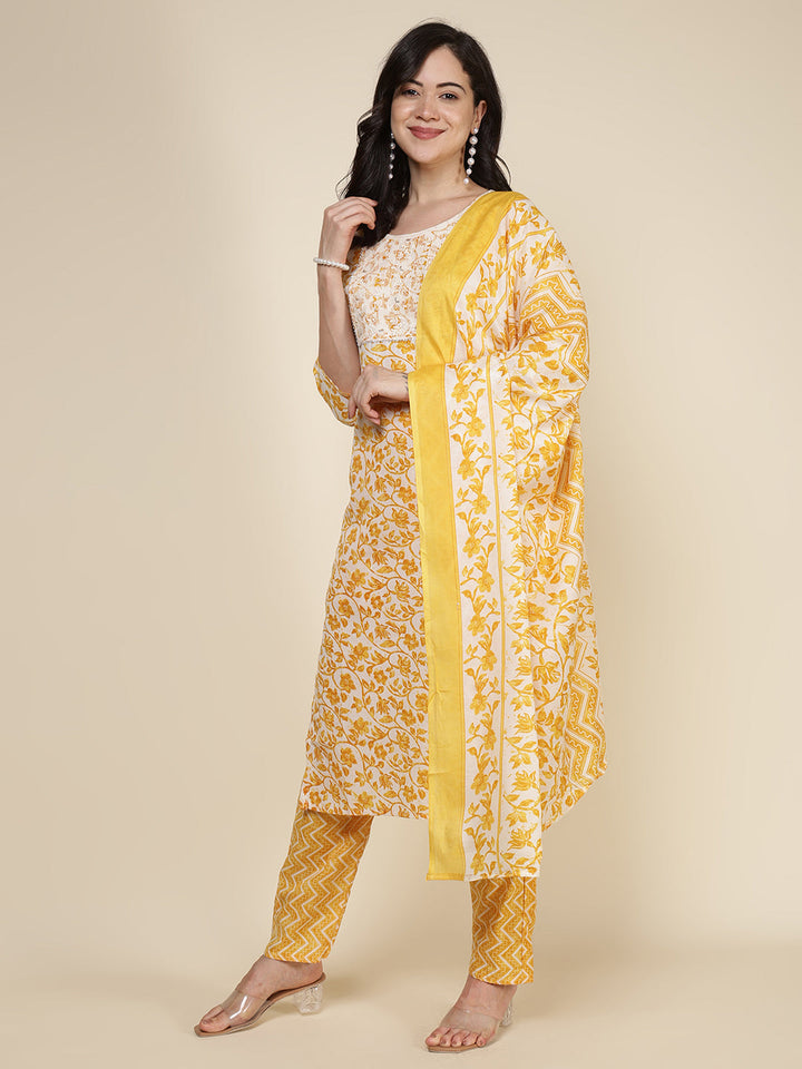 Printed Cotton Blend Kurta With Pants &amp; Dupatta
