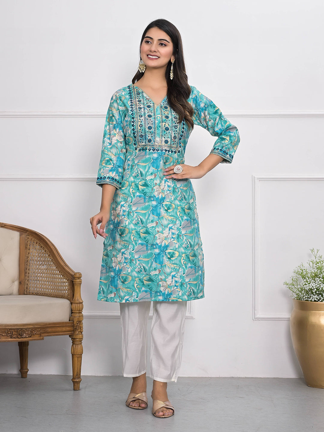 Printed Neck Embroidered Cotton Blend Kurta