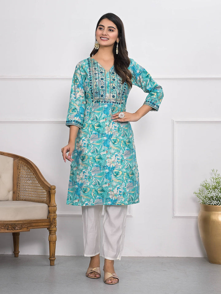 Printed Neck Embroidered Cotton Blend Kurta