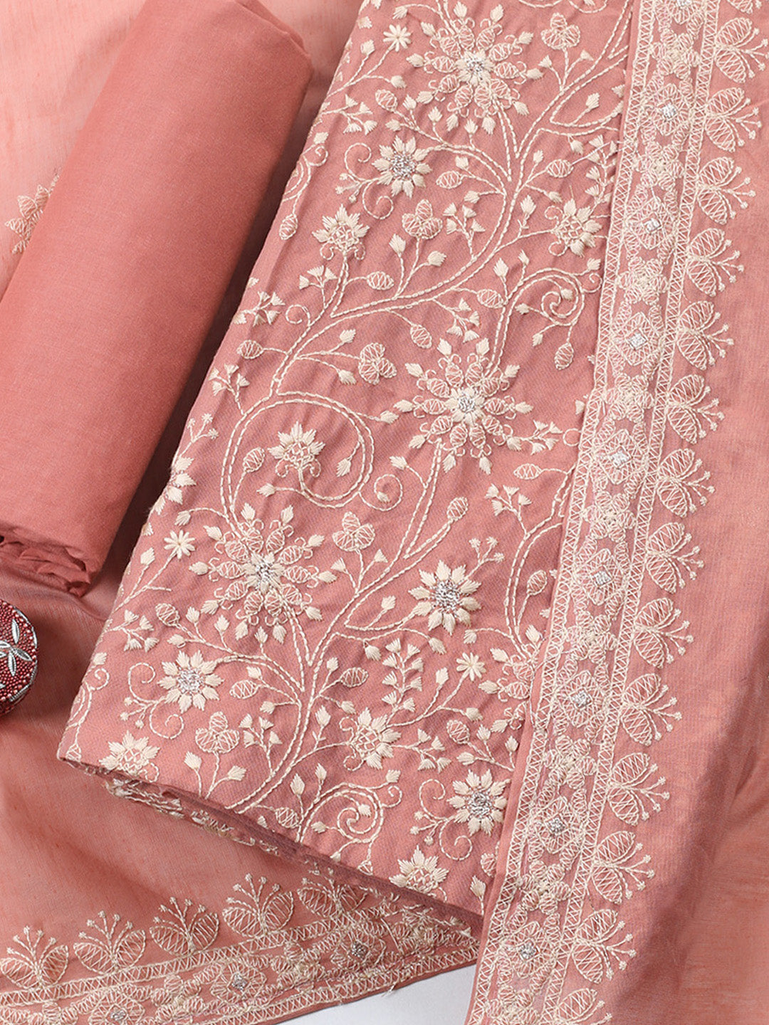 Embroidered Chanderi Unstitched Suit With Pant &amp; Dupatta
