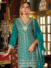 Embroidered Chinon Kurta With Plazzo & Dupatta