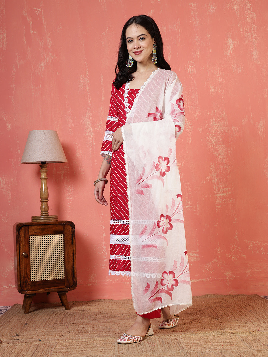Printed Cotton Blend Kurta With Pants & Dupatta