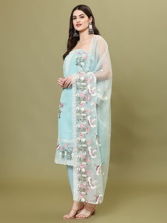 Neck Embroidered Organza Unstitched Suit Piece With Dupatta