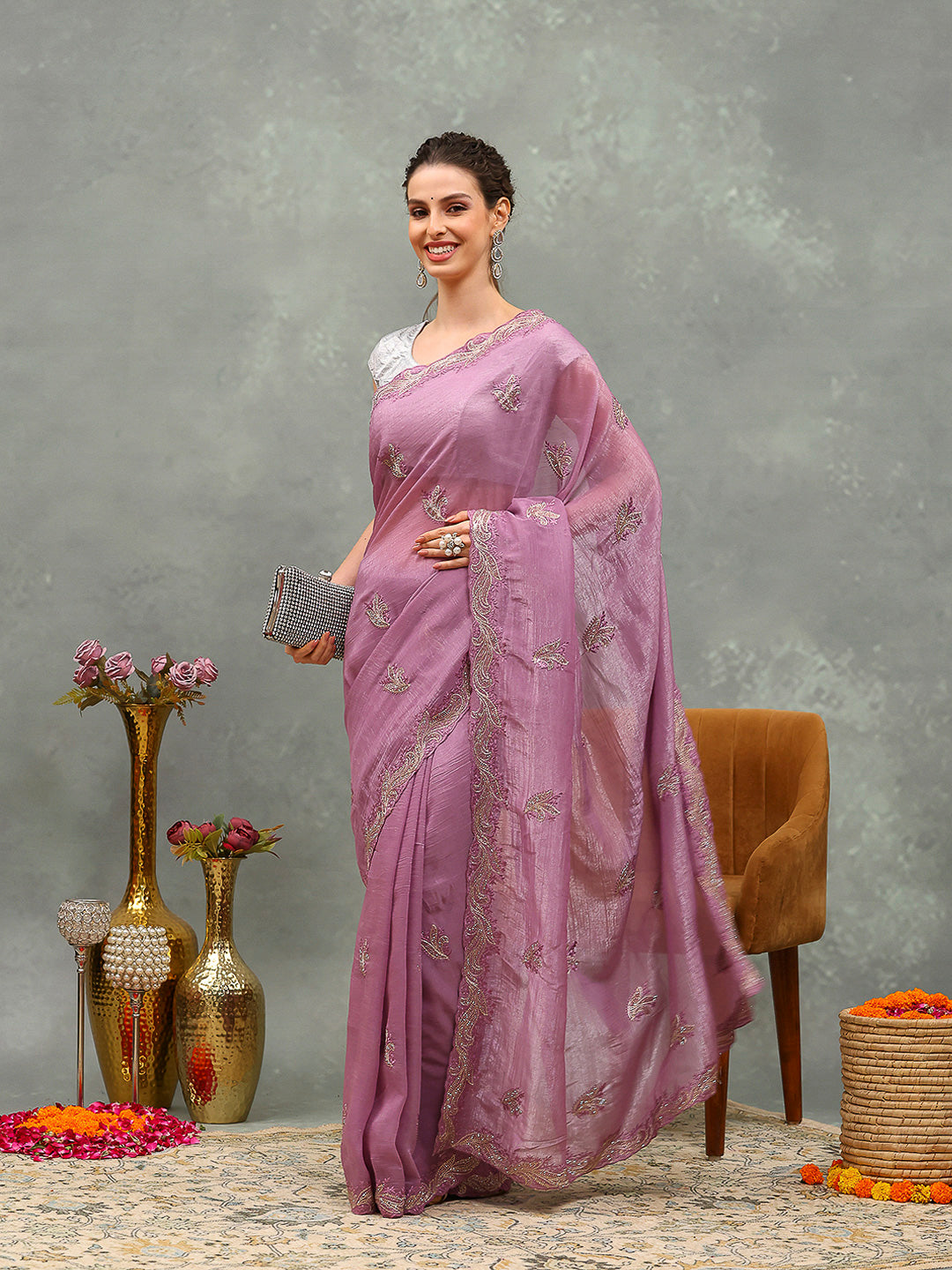 Thread Embroidered Chiffon Saree