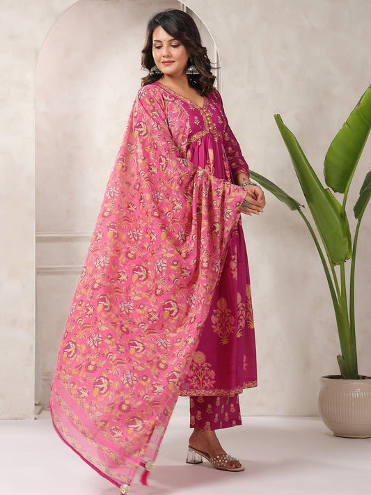 Floral Printed Cotton Blend Kurta With Pants & Dupatta