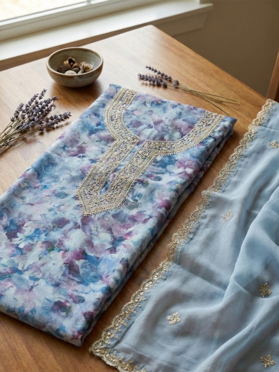 Printed Cotton Blend Unstitched Suit With Pant &amp; Dupatta