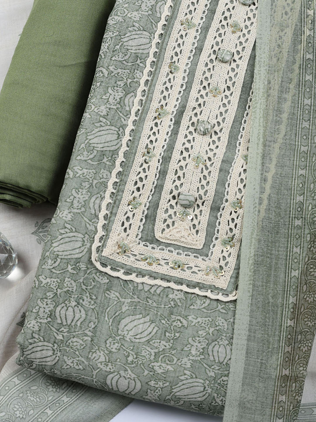 Embroidered Linen Blend Unstitched Suit With Pant &amp; Dupatta