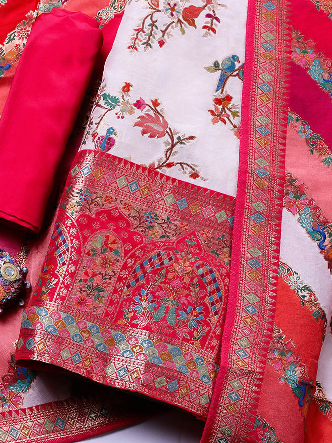 Woven Design Dola Silk Unstitched Suit With Pant &amp; Dupatta