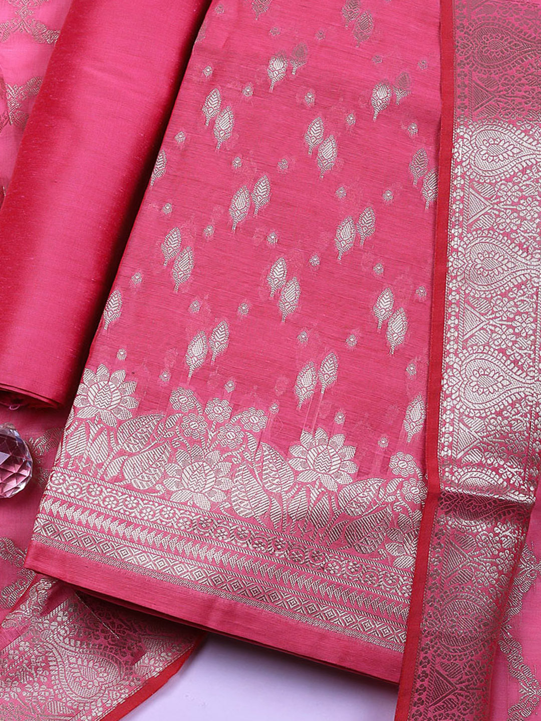 Woven Design Art Silk Unstitched Suit With Pant &amp; Dupatta