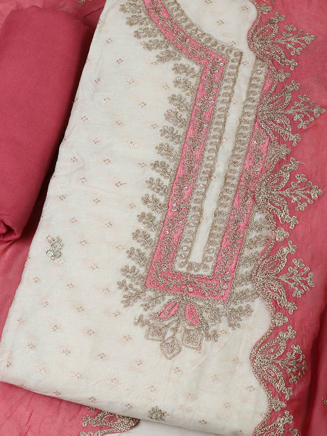 Embroidered Chanderi Unstitched Suit With Pant &amp; Dupatta