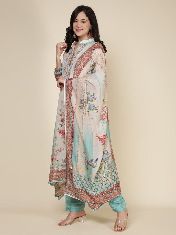 Printed Cotton Blend Kurta With Pants &amp; Dupatta