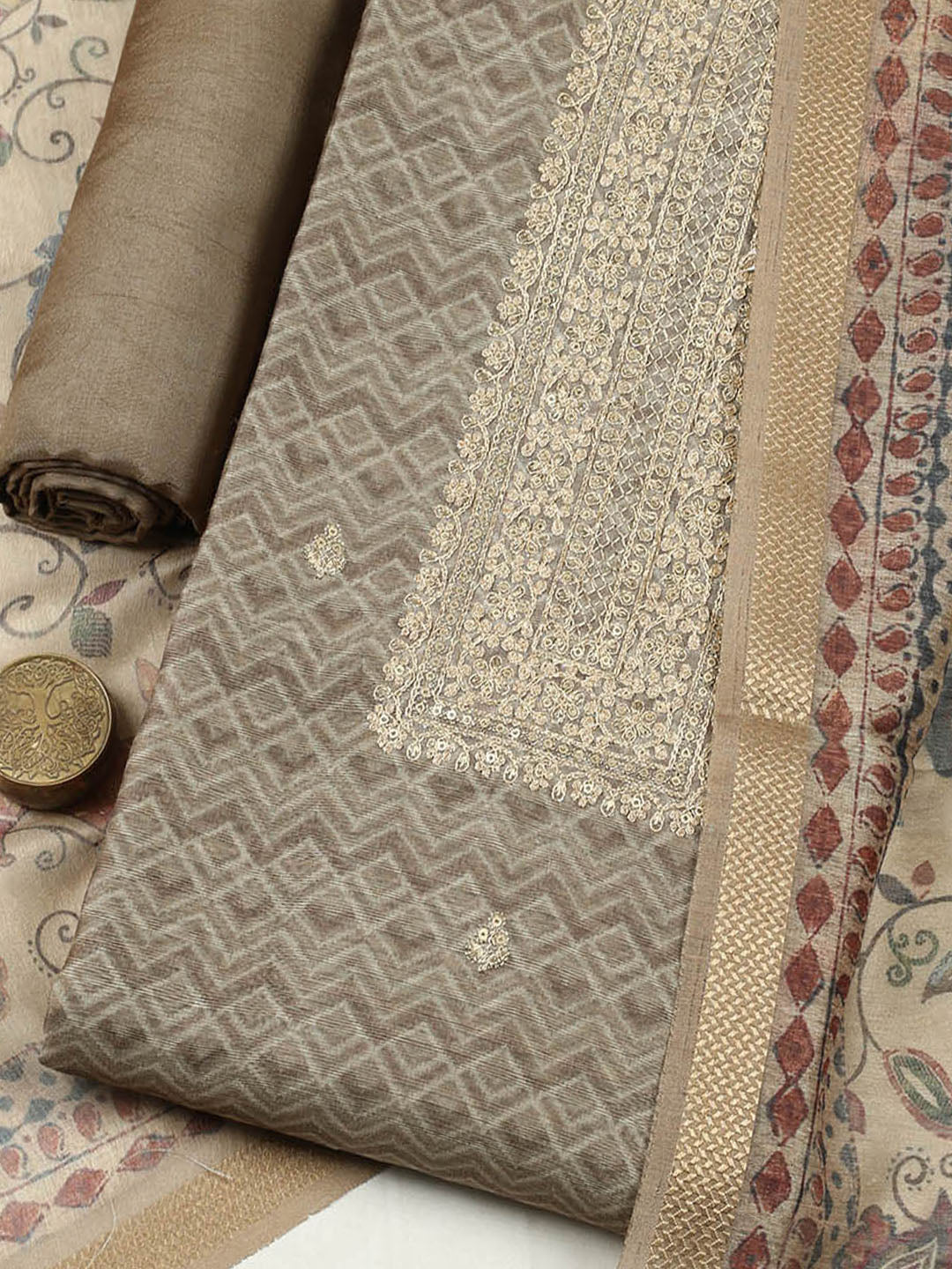 Embroidered Chanderi Unstitched Suit With Pant &amp; Dupatta