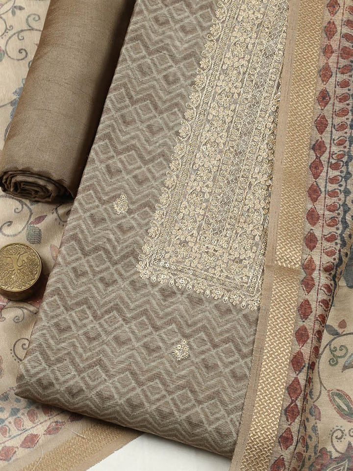 Embroidered Chanderi Unstitched Suit With Pant &amp; Dupatta