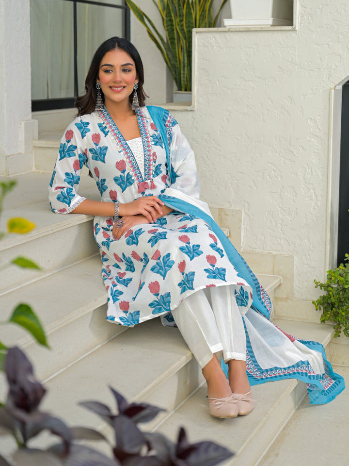 Blue Printed Cotton Blend Straight Suit Set With Dupatta
