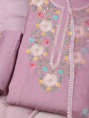 Embroidered Chanderi Pink Lavender Unstitched Suit With Pant & Dupatta
