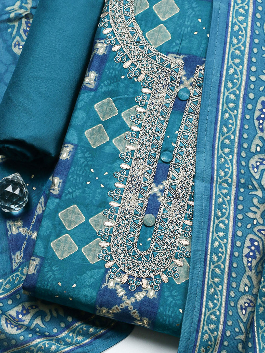 Embroidered Cotton Unstitched Suit With Pant &amp; Dupatta