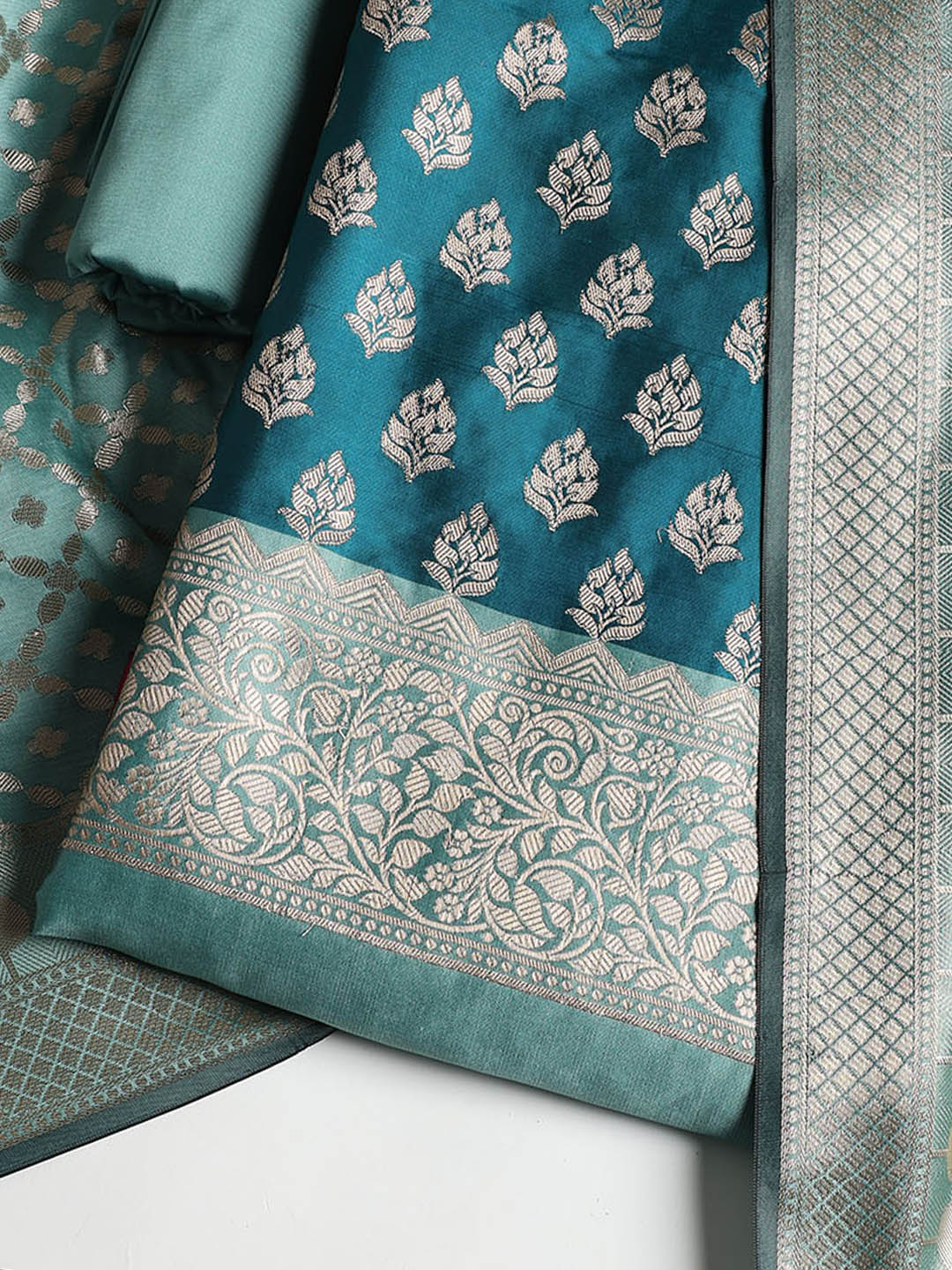 Woven Banarasi Chanderi Unstitched Suit With Dupatta