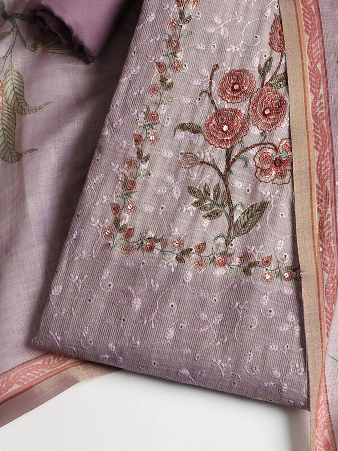 Neck Embroidered Chanderi Unstitched Suit With Dupatta