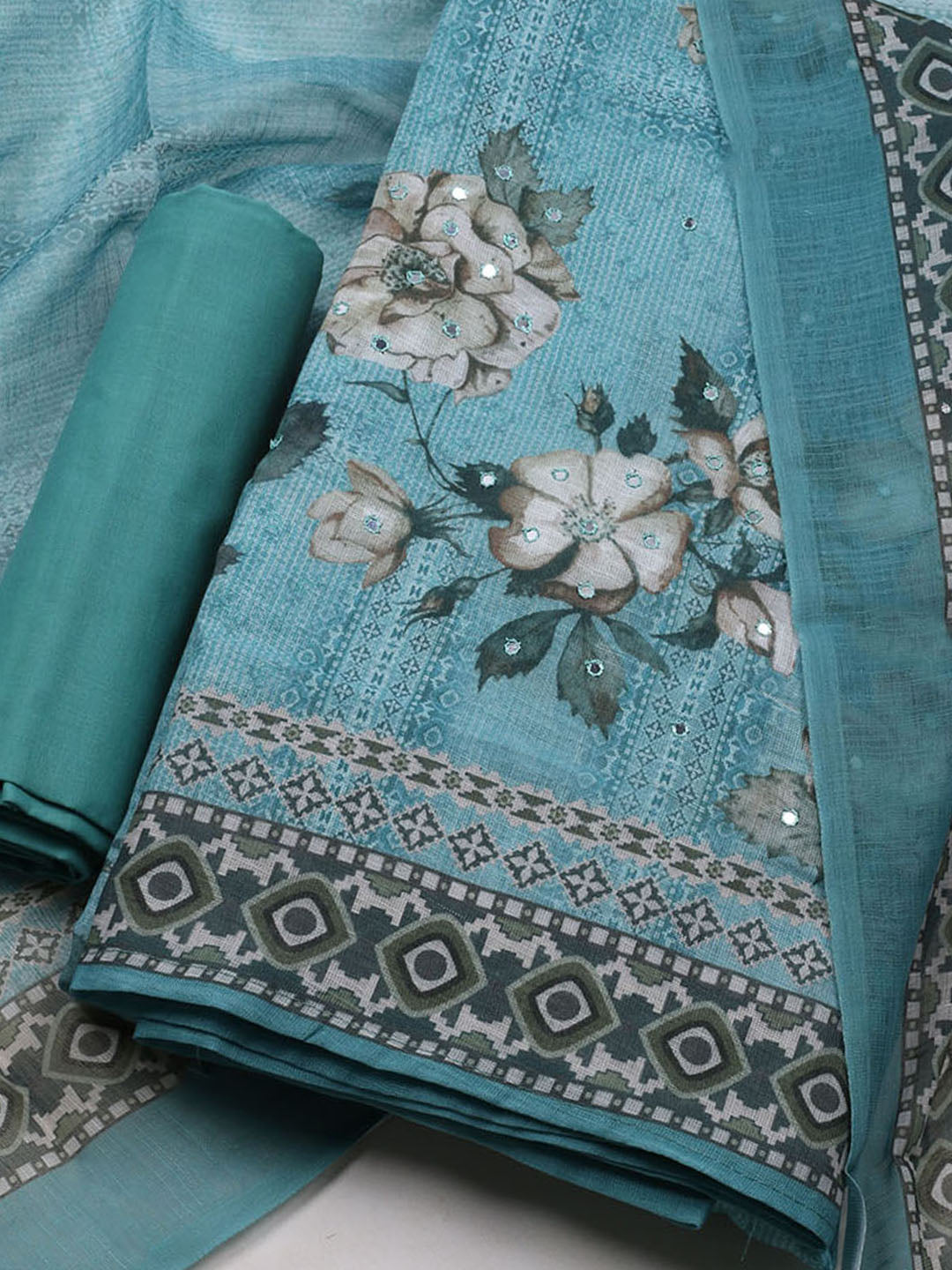 Floral Printed Linen Unstitched Suit With Dupatta