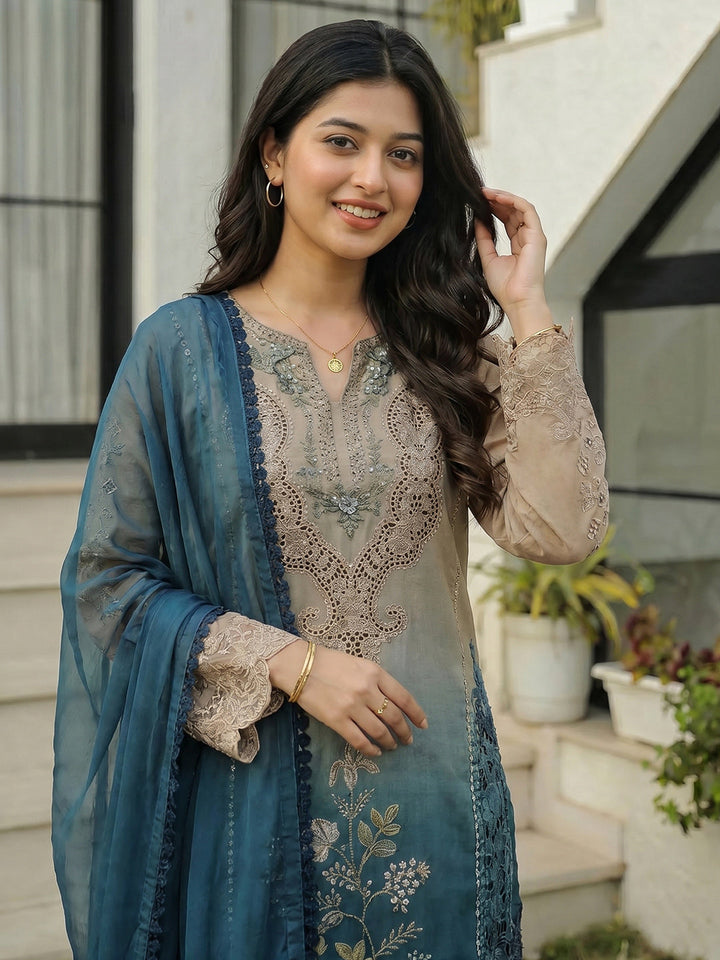 Embroidered Cotton Blend Suit Set With Dupatta