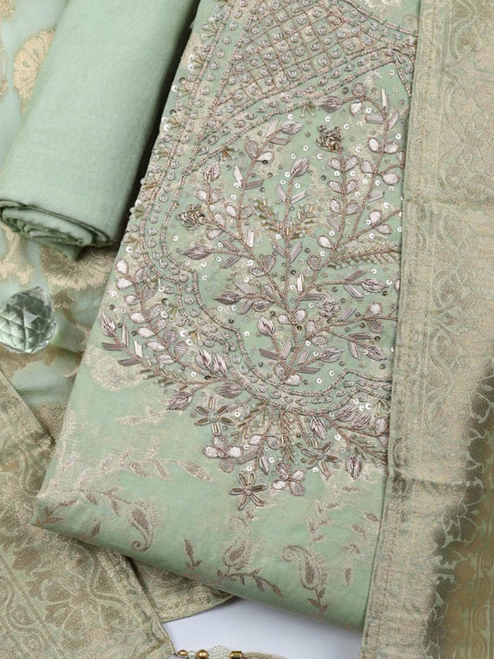 Embroidered Chanderi Unstitched Suit With Pant &amp; Dupatta